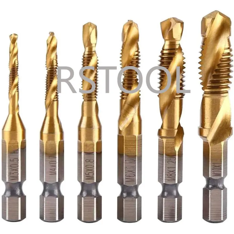 6Pcs Hex Shank Titanium Plated HSS Screw Thread Metric Tap Drill Bits Screw Machine Compound tap M3 M4 M5 M6 M8 M10 Hand Tools