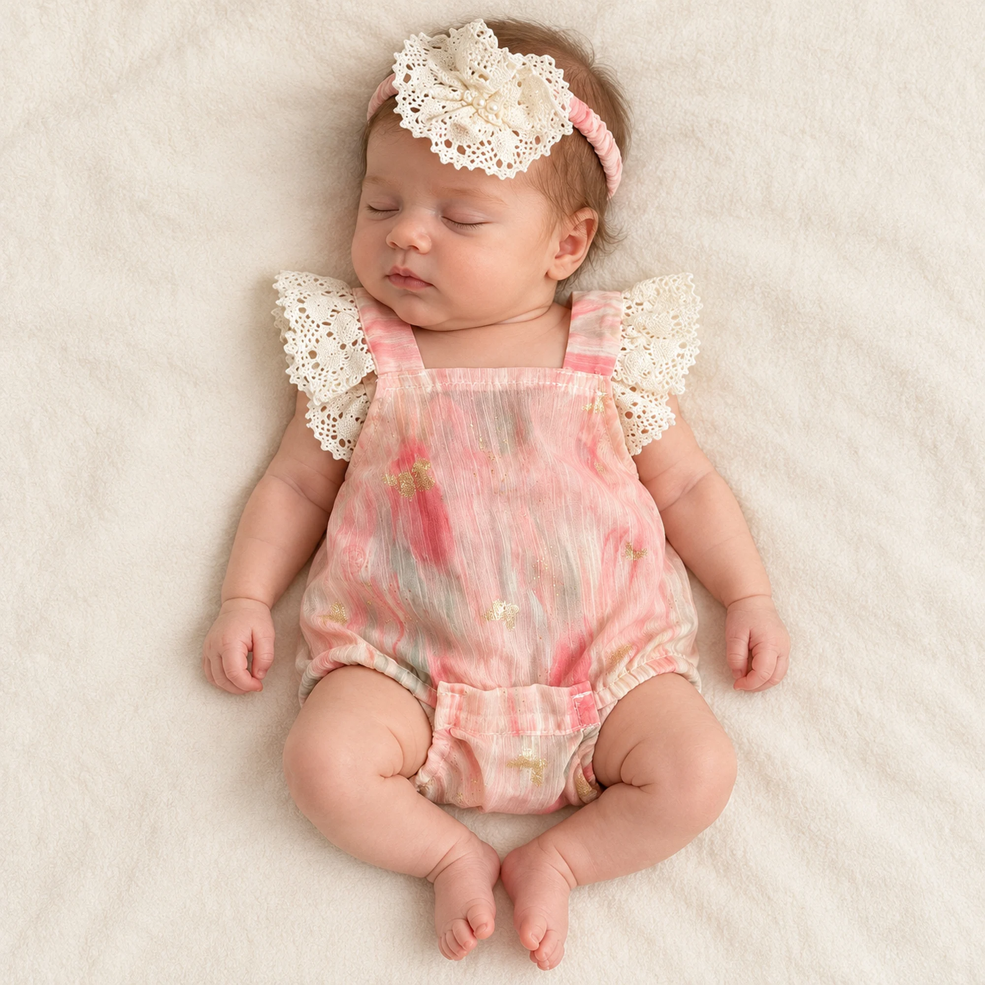 Don&Judy Lace Ruffle Strap Sleeveless Bodysuit Romper with Lace Hat Set for Infant Baby Girls Newborn Girl Photography Shoot