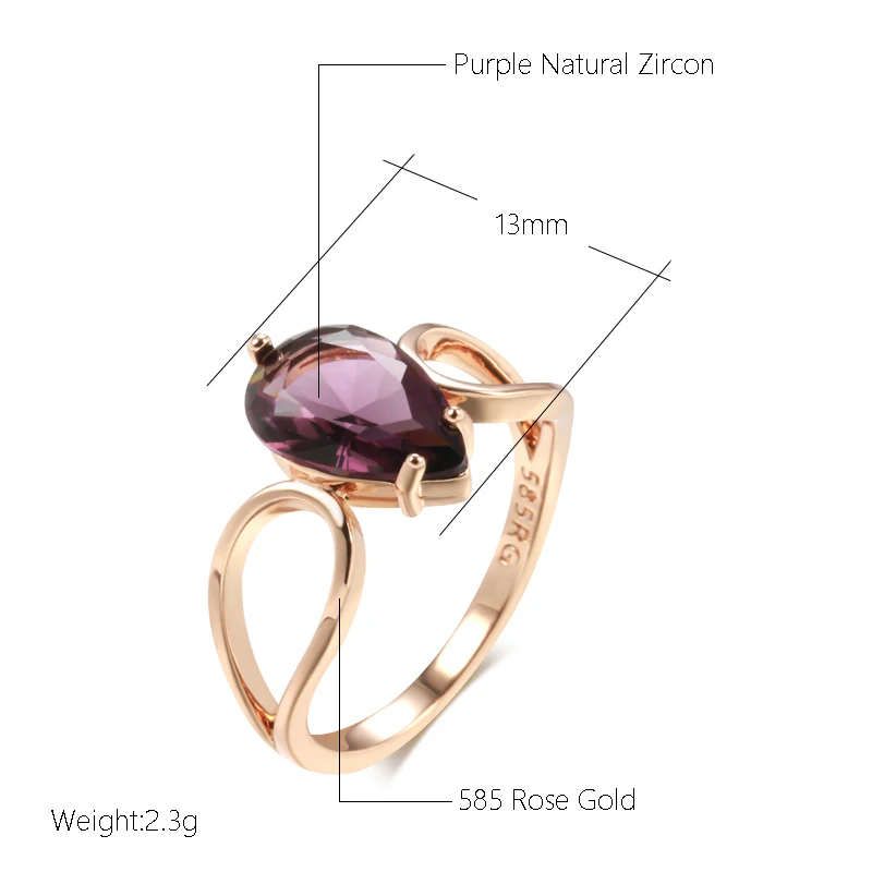 Kinel Sparkling Water Drop Purple Natural Zircon Rings for Women Luxury Unusual 585 Rose Gold Color Party Daily Jewelry 2023 New