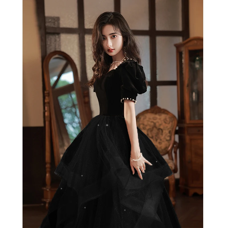 Gaun Malam A-Line Putri Hitam Elegan Gaun Prom Pesta Formal Wanita Panjang Lantai Leher Persegi Peri Perancis Robe De Soiree