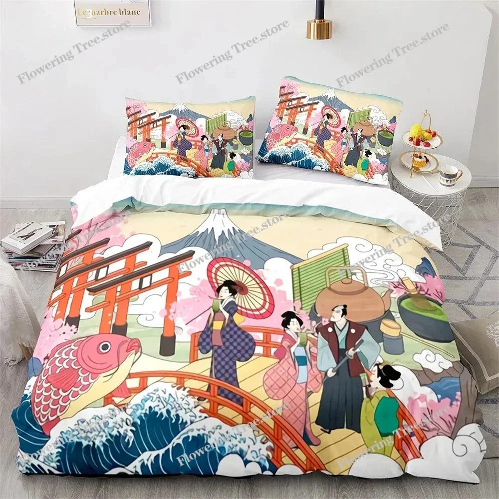 Japanese-Style Bedding Set Ukiyo-e Theme Comforter Cover Sea Wave Red Sun Pattern Decor Duvet Cover for Kids Teen King Full Size