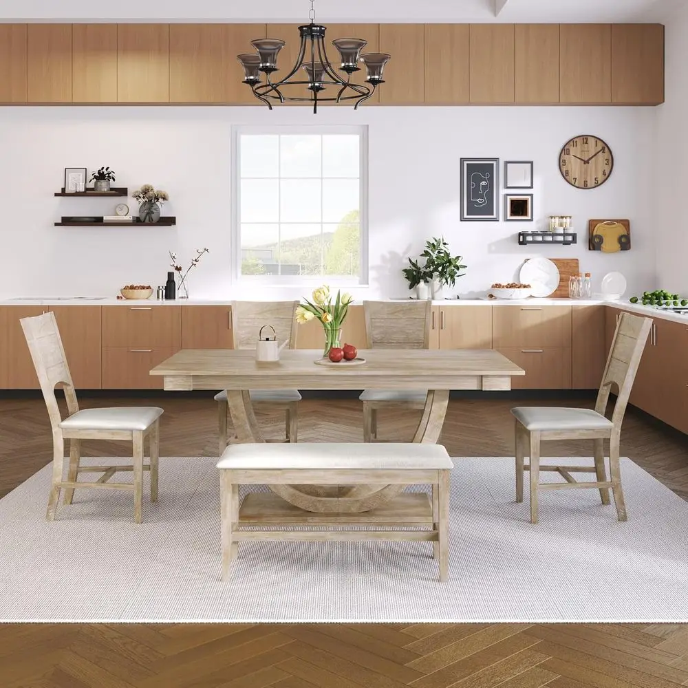 

6-Piece Natural Dining Set: 4 Upholstered Chairs & Bench for Kitchen, Dining, Living Room