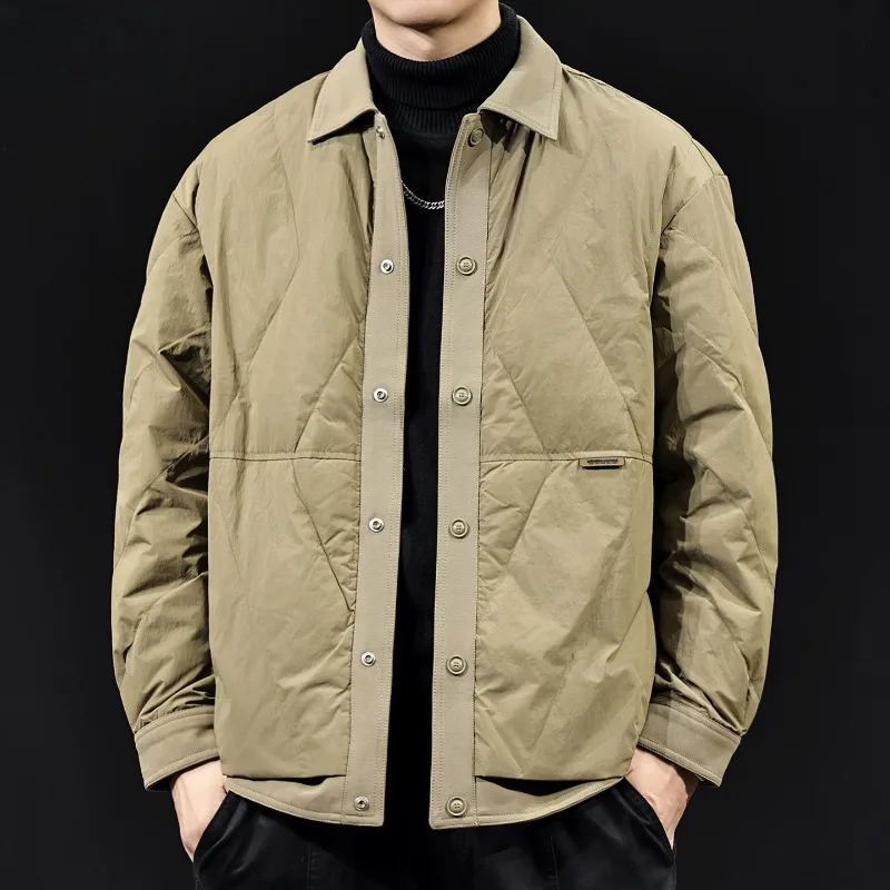 New Men's Autumn and Winter Trendy Down Jacket Lapel and Patchwork Coat Light White Duck Down Inner Jacket Large Size Outerwear