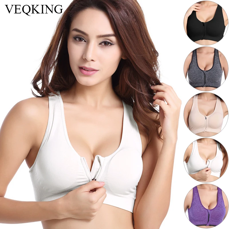 VEQKING Women Zipper Push Up Sports Bras,Plus Size XL Padded Wirefree Breathable Sports Tops,Fitness Gym Yoga Sports Bra Top