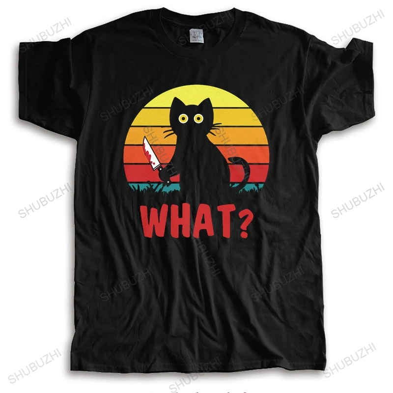 Vintage Black Psycho Cute Cat What T Shirt Men Short Sleeve Funny Murderous Cat With Knife Tshirt Halloween Gift Casual T-shirt