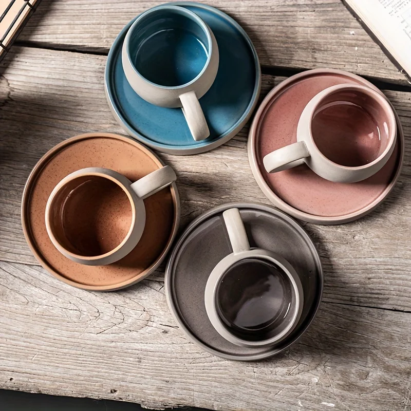 Tasse à café en céramique minimaliste style Ins, ensemble créatif de tasses à latte, tasse à café rustique en céramique avec soucoupe pour le thé de l'après-midi au bureau