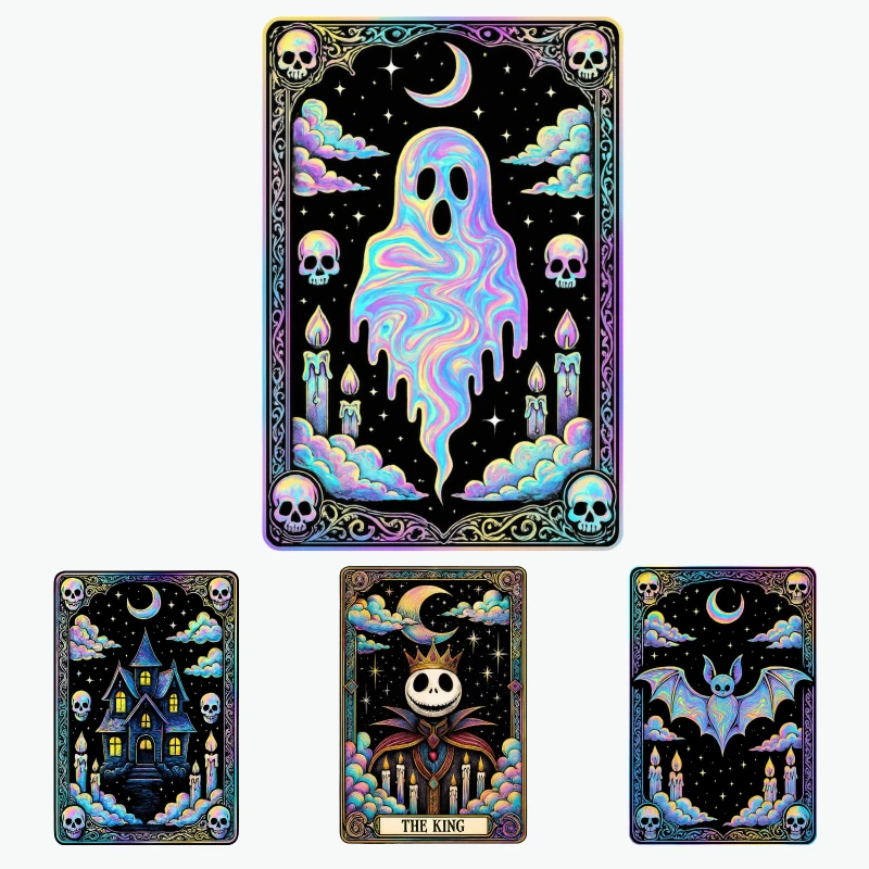 

Holographic Tarot Card Set Black With Ghost And Skulls Pattern And The King Text For Halloween Party Decor