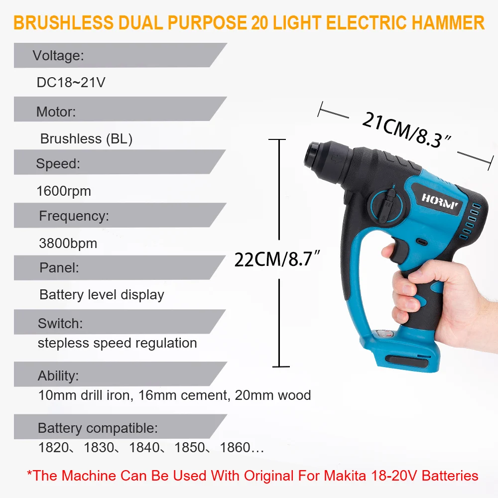 Brushless Cordless Hammer Drill Demolition Hammer Charged Power Tool No Battery Electric Drill Rotary For Makita 18V Battery