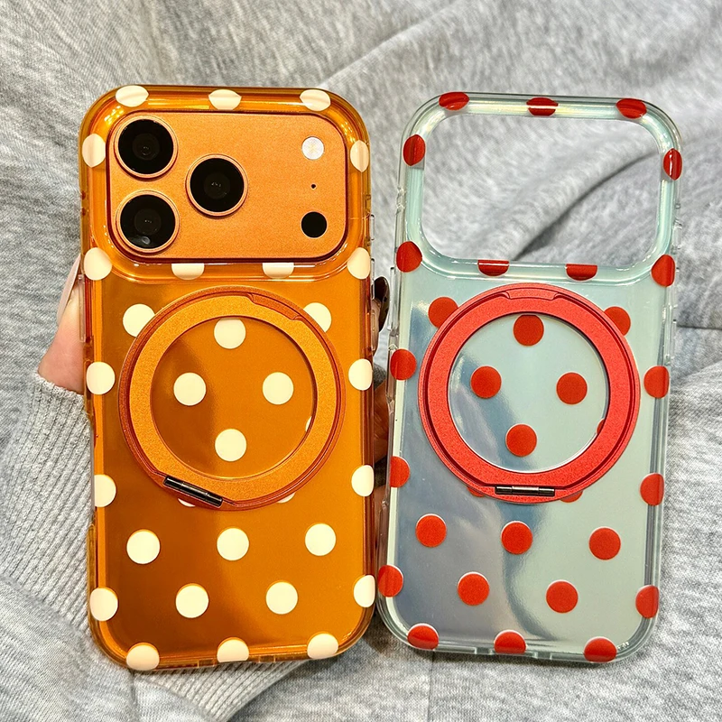 Retro Polka Dot Magnetic Kickstand Phone Case For iPhone 17 Pro Max 16 15 Fashion Stand Holder Back Cover With Magsafe