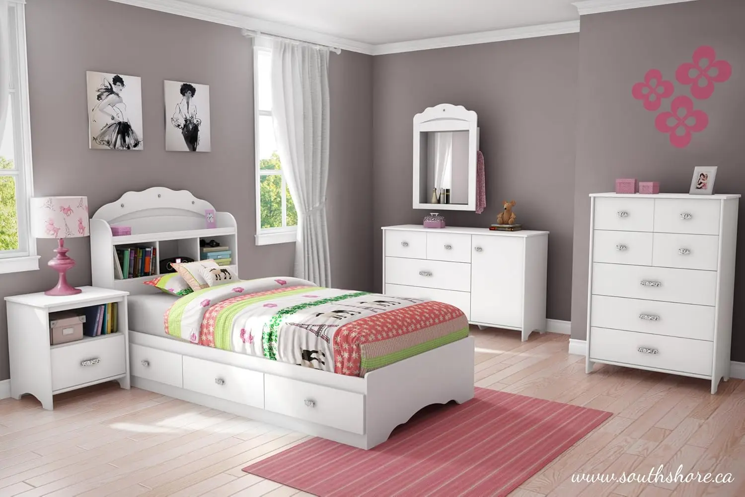 Wood Twin Bookcase Storage Bed in Pure White Mattress and accessories not included Economic option Transitional style