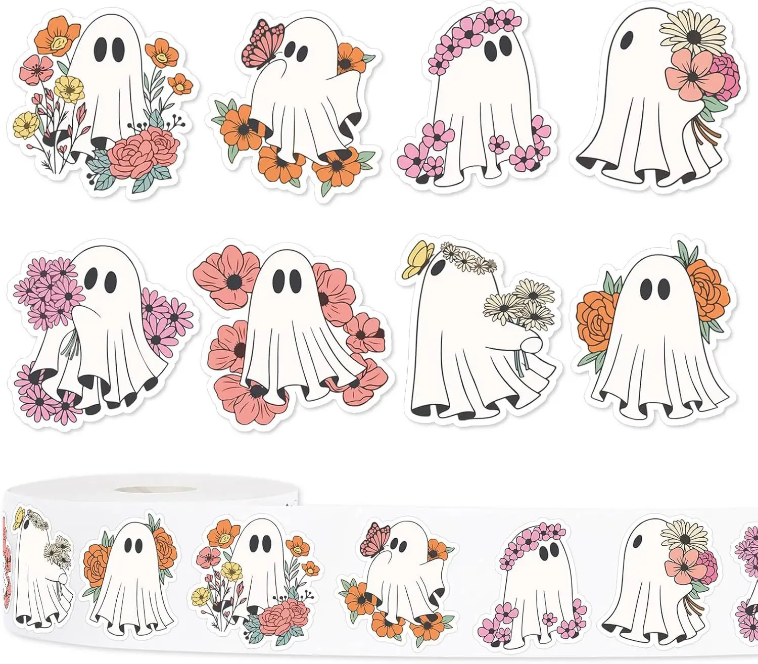500 Stück Halloween-Aufkleber, 8 Designs, florale Geister-Aufkleber, niedliche selbstklebende Siegeletiketten für Lebensmittel, Backbeutel, Partyzubehör