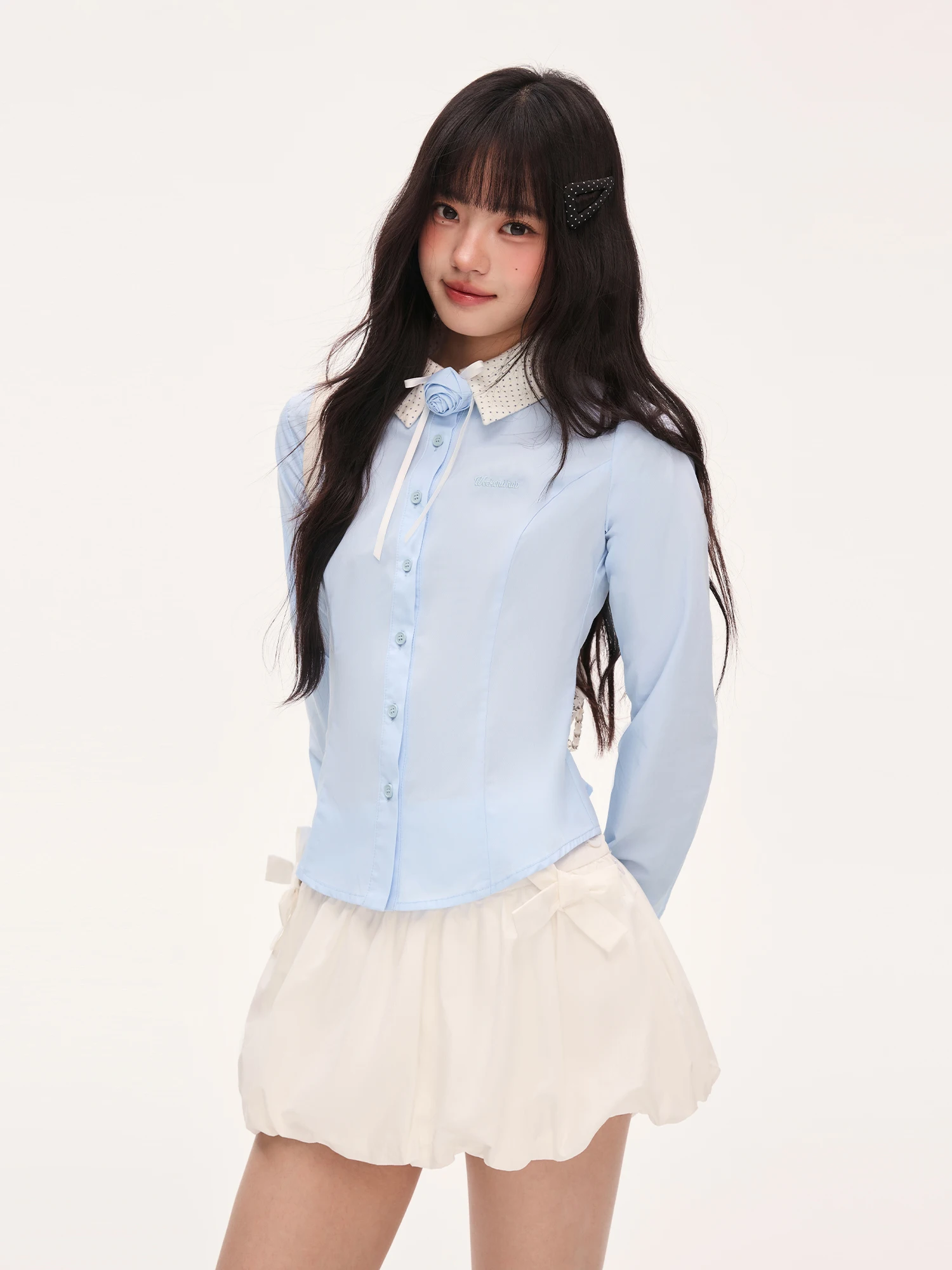 

Blue Rose Decorated irt Wedhub Miu Series Slim Fit Unique Sle Bamboo Fiber Long Sve Collared Girls Faion