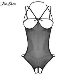 Womens See-through Mesh Crotchless Bodysuit Hollow Out Halter Backless Open Cups Leotard Tops Lingerie Nightwear