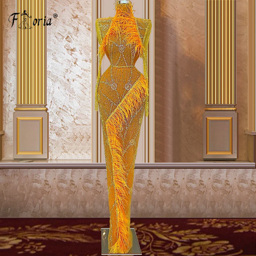 Feathers Orange Evening Dresses 2022 Luxury Arabic Dubai Mermaid Beads Women Evening Wear Celebrity Party Dress Long Prom Gown