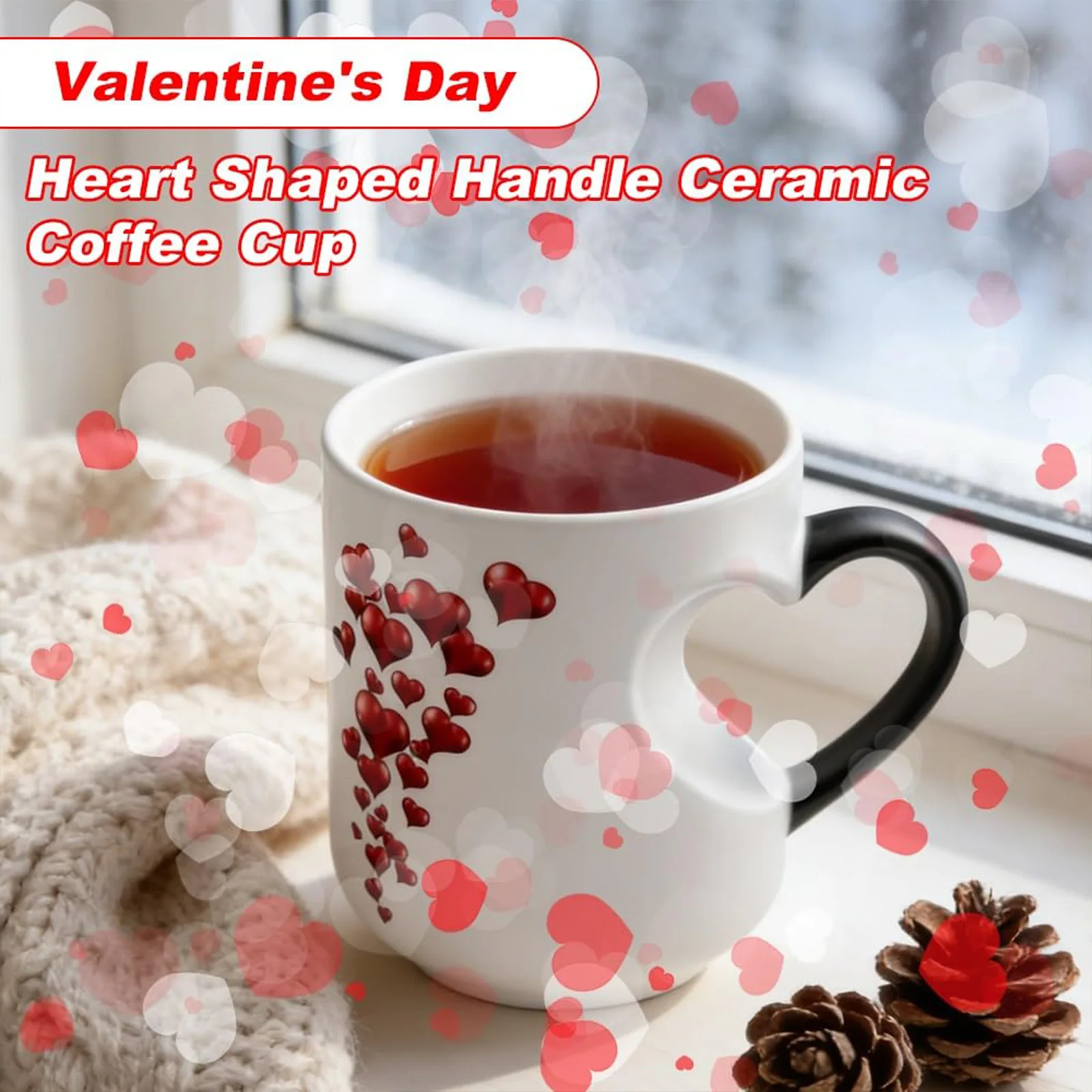 

Heart-Shaped Heat Color Changing Ceramic Tea Cup with Heart Handle Funny Color Changing Coffee Cup Romantic Gift for Couples