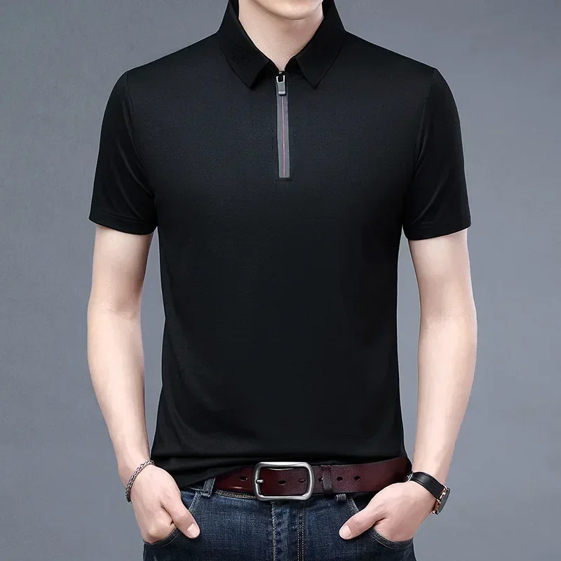 Men's Ice Silk Short Sleeve Polo Shirt Summer Cool Loose Casual Tops Men Half Zip Lapel Business