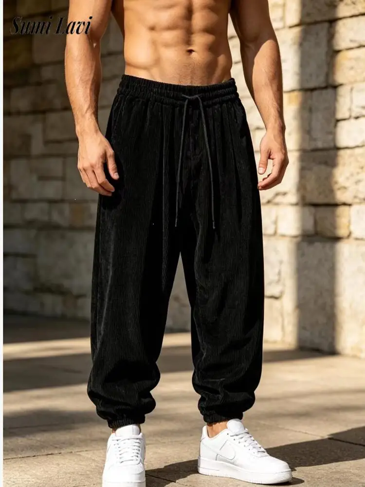 Vintage Corduroy Harem Pants Mens 2026 Autumn Winter Drawstring Draped Trousers Daily Casual Trendy Solid Color Bottoms For Men