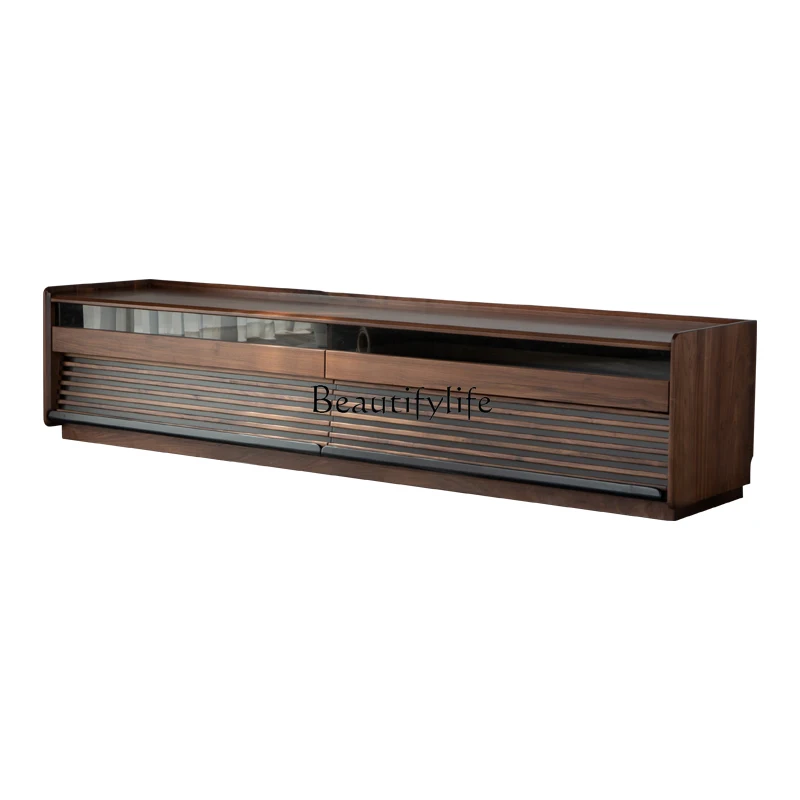 

Japanese-style North American black walnut TV cabinet with lighting living room floor-to-ceiling audio-visual cabinet