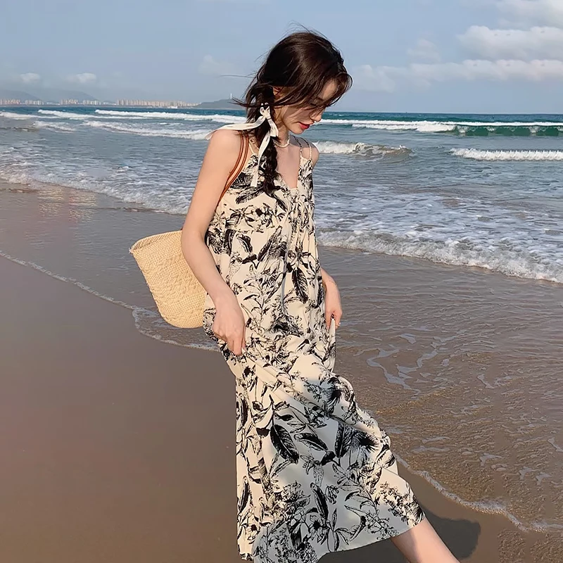 Spaghetti Strap Painting Floral V-neck Loose Beach Holiday Long Dress