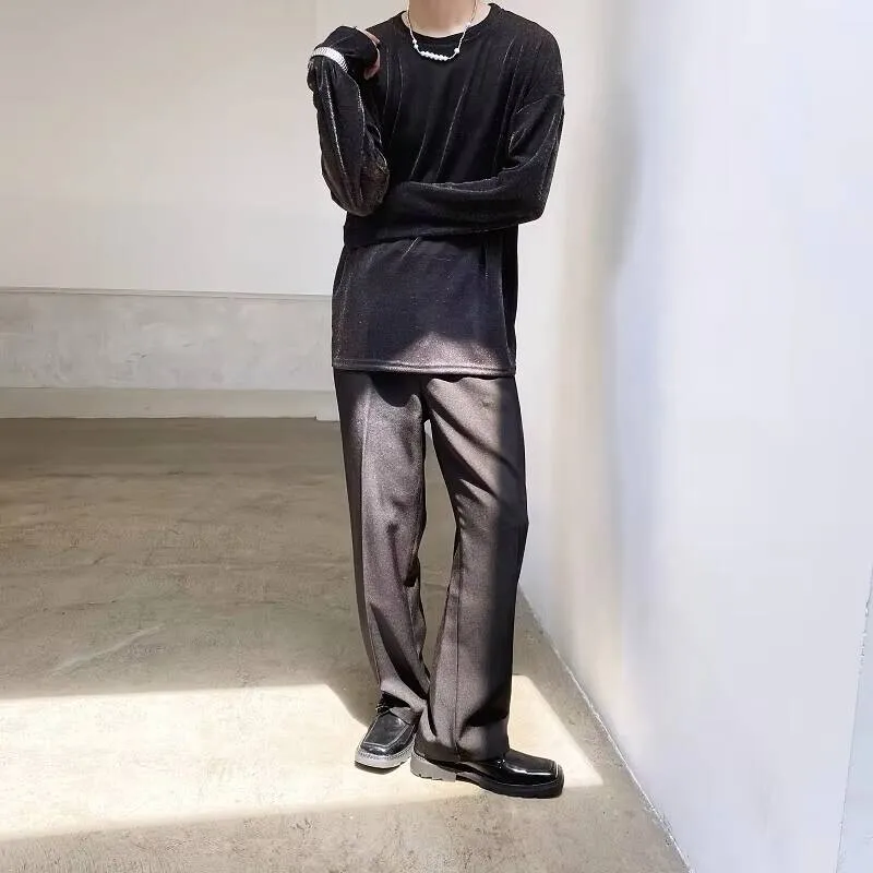 

Весенняя новая осенняя индивидуальная версия, мужская и корейская яркая шелковая повседневная свободная футболка с круглым воротником и длинным рукавом