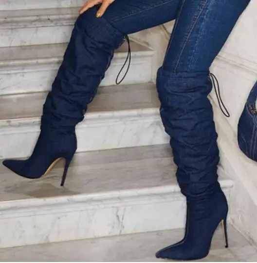 Dark Light Blue Denim Jeans Elastic Ropes Pleated Pointed Toe Thin Heels Knee High Boots Women Fashion Run Way Long Botas Shoes