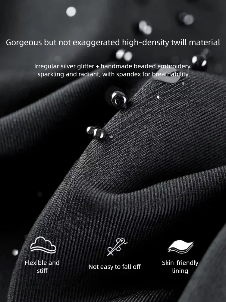 SENTUBILA Damen Schwarzer Gerader Rock 2026 Sommer Eleganter Modischer Perlenstickerei Silber Schimmernder Büro-Rock 162QF6640 – Detail 15