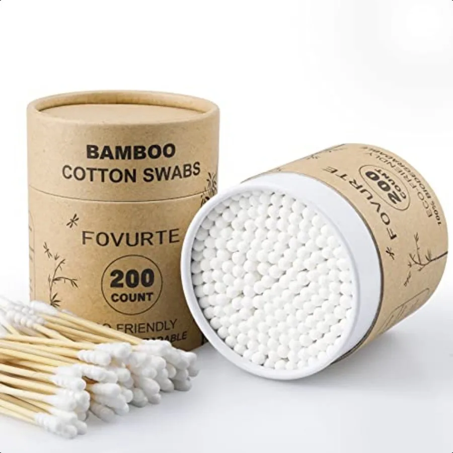 Tamponi di cotone in bambù 400 Conteggio SpiralRound Doppi qTips Tamponi di cotone Bastoncini di cotone in legno organico per orecchie Bastone per orecchie in bambù naturale