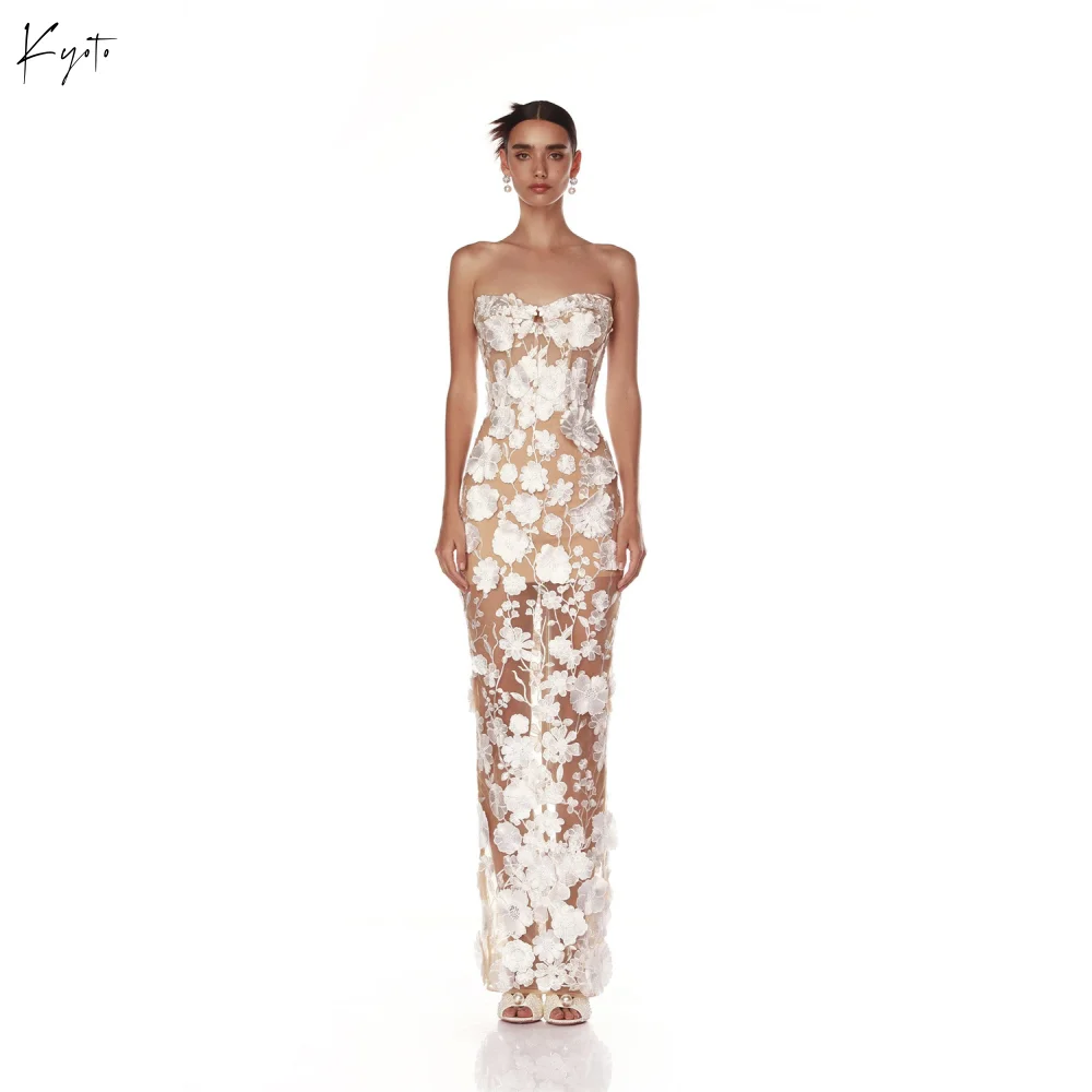 

Kyoto Customized Layered Nude Lace Appliques Wedding Dress Strapless Sheath Zip Back Vestidos De Noche Floor-length Formal Gown