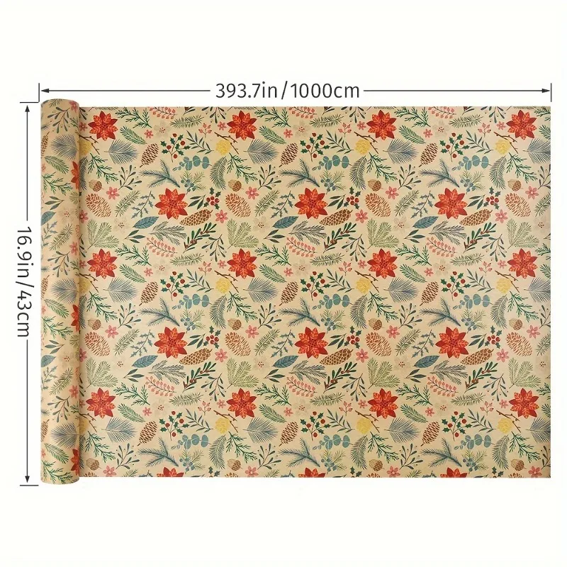 1 لفة 393.7 * 16.9 بوصة ورق تغليف هدايا عيد الميلاد مع تصميمات الأزهار والأوراق وأنماط الأشجار والرنة، يمكن قطعها بحرية #6