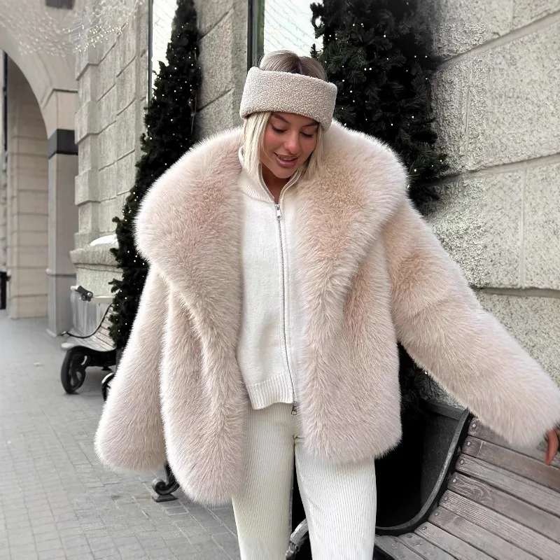 Chaqueta corta de piel sintética marrón para mujer, chaqueta peluda holgada lisa con solapa grande, abrigo de felpa grueso y cálido y esponjoso, zorro sintético de lujo elegante 2025