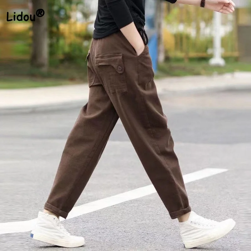 

100% Cotton Fashion Double Pockets Elastic High Waist Trousers Women Autumn Winter Twill Plush and Thicken Casual Haren Pants