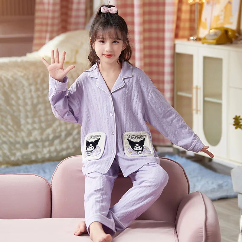 Sanrios Child Pajamas Girl Pure Cotton Jacquard Long Sleeves Spring Autumn Kawaii Cartoon Child Winter Autumn Home Set