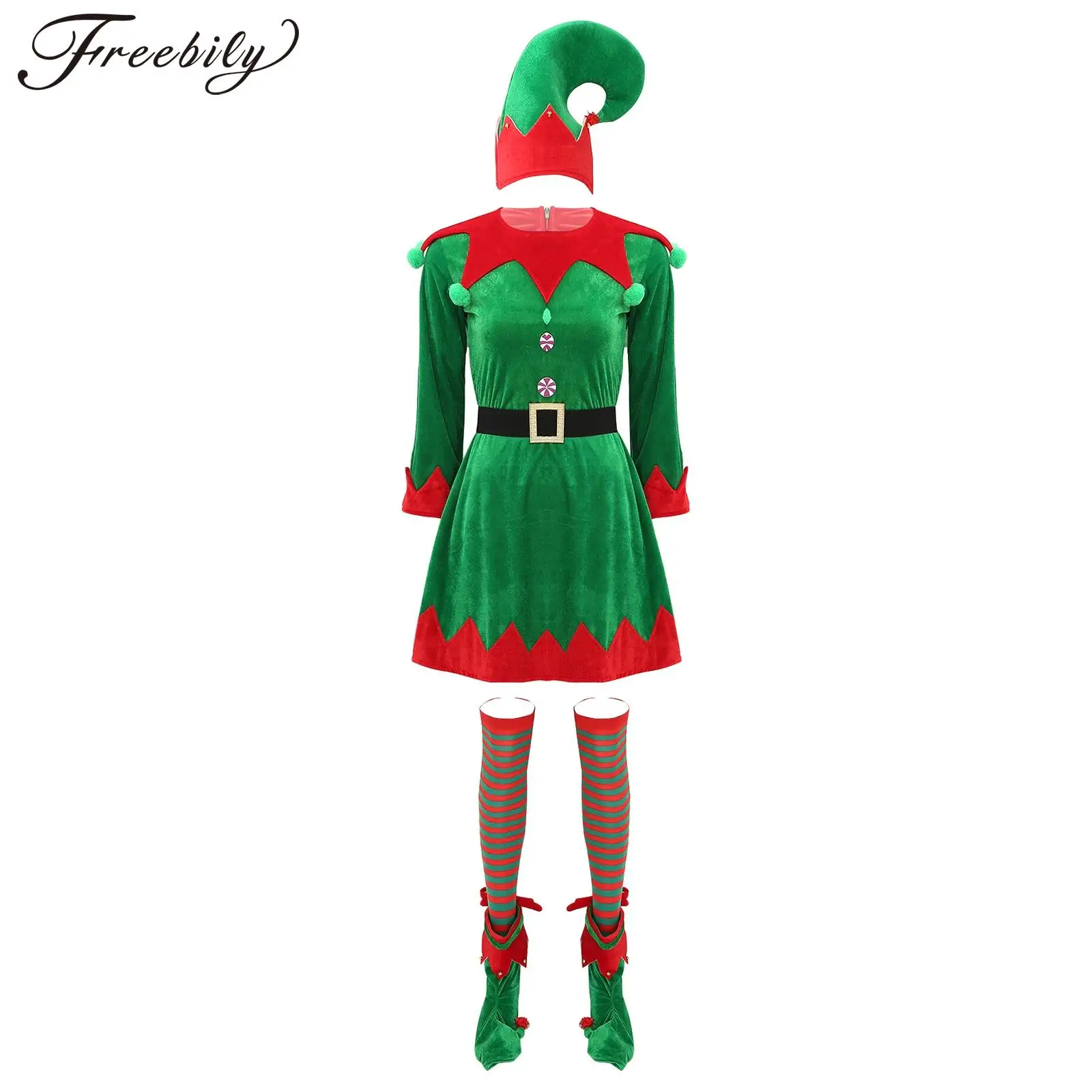 ملابس قزم عيد الميلاد النسائية ، عيد الميلاد ، حفلة رأس السنة الجديدة ، زي تأثيري ، Pompom ، فستان مخملي ، حزام ، قبعة ، جوارب مخططة ، أحذية