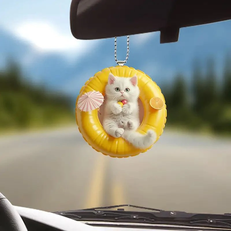 Cute Kitten Rearview Mirror Pendant 2D Acrylic Cat Figurines Car Hanging Ornament Auto Decor Accessories Christmas Gifts