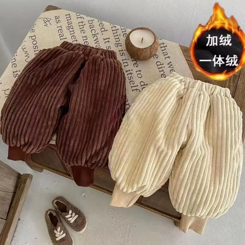 

Осенне-зимние брюки для бега для мальчиков и девочек, утепленные брюки в корейском стиле на фланелевой подкладке, теплые повседневные брюки, хлопковая детская одежда