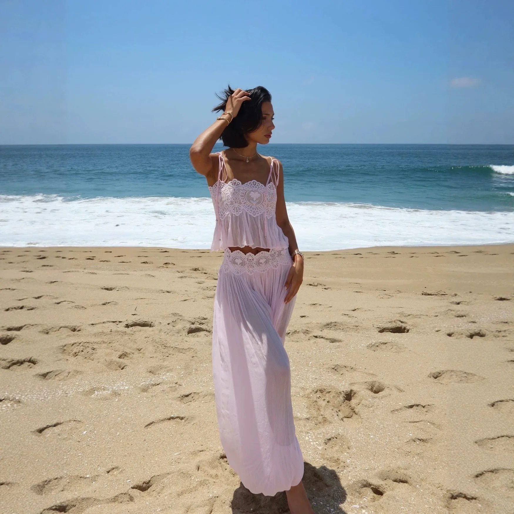 Summer New Lace Tie Top Loose Lantern Pants Holiday Style Casual Two-Piece Set Women's Fashion Short Sleeve Vest Polyester Li...