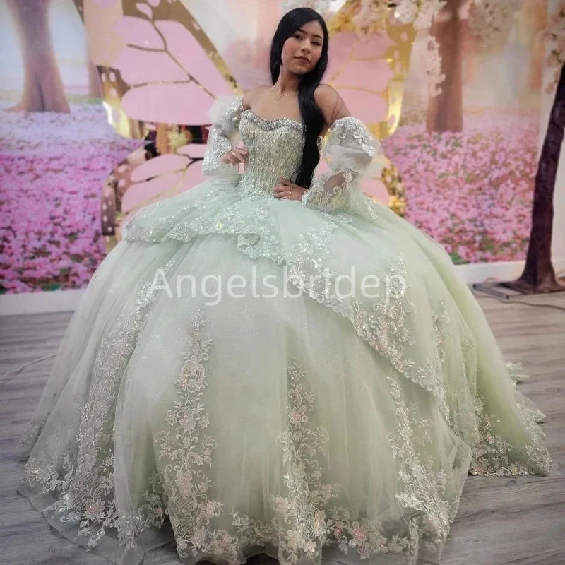 Angelsbride Sage Green Ball Gown Quinceanera Dresses With Trumpet Sleeves Girls Brithday Party Dress Vestidos De Fiesta