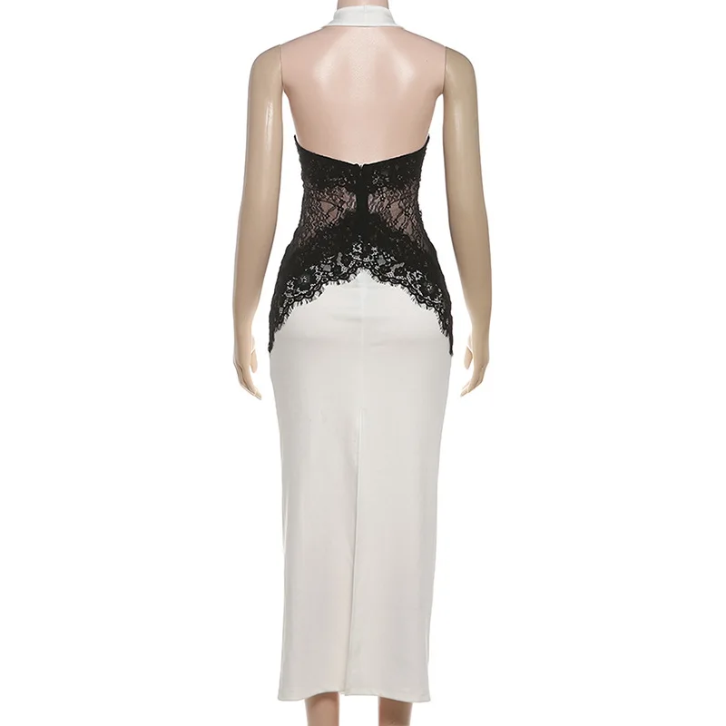 Kant Patchwork Halter Backless Bodycon Maxi Feestjurk Vrouwen Elegante Sexy Mouwloze Rug Split Slanke Banket Verjaardag Lange Gewaad