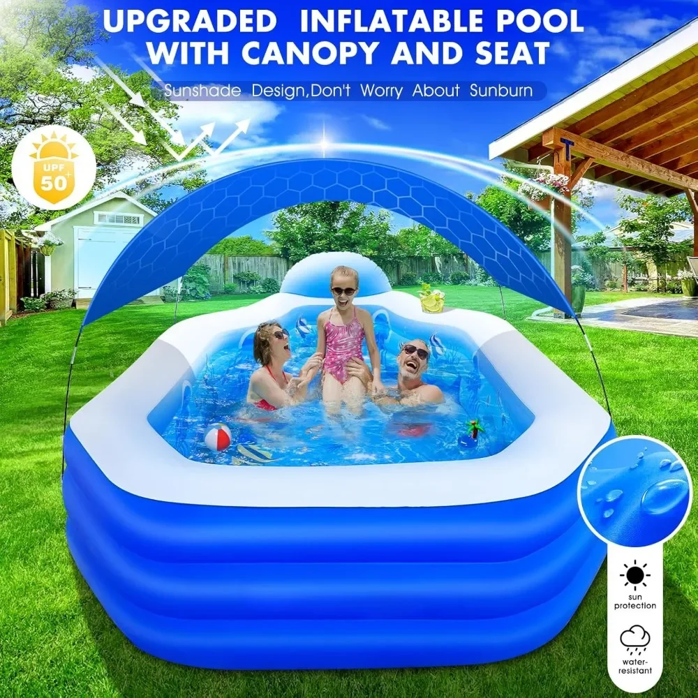 Inflatable Pool with Canopy, for Kids,Adult, Blow Up Pool with Seats, Durable Thickened 125