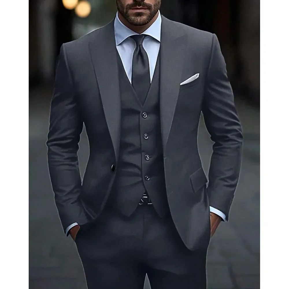 Dark Grey High Quality Men Suits Slim Fit Single Breasted Peak Lapel Elegant Groom 3 Piece Jacket Pants Vest  Male Sets