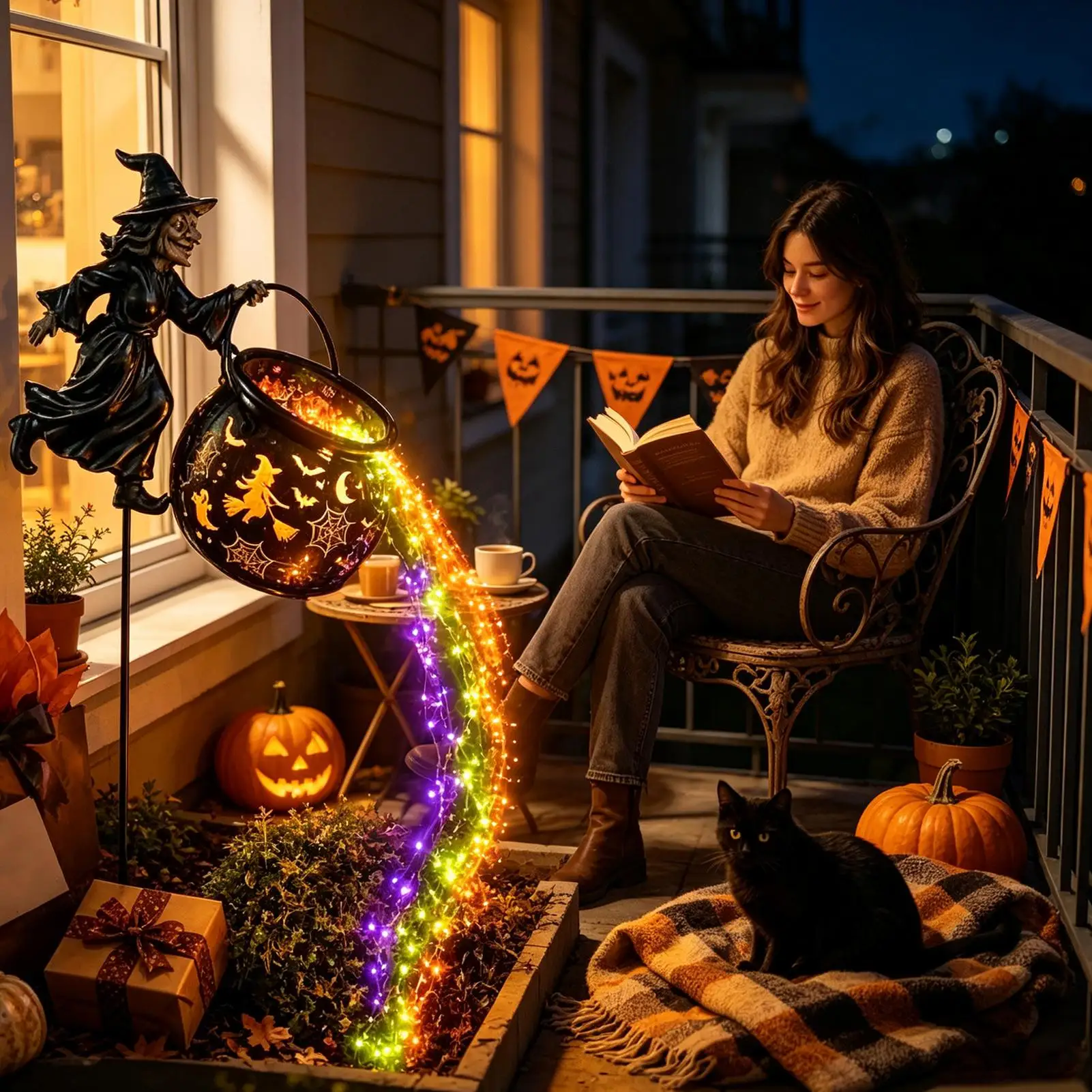Witches Cauldron Light Flying Witch LED Cauldron Hollow Stake Colorful Halloween Lawn Decor For Holiday Party Haunted House Farm
