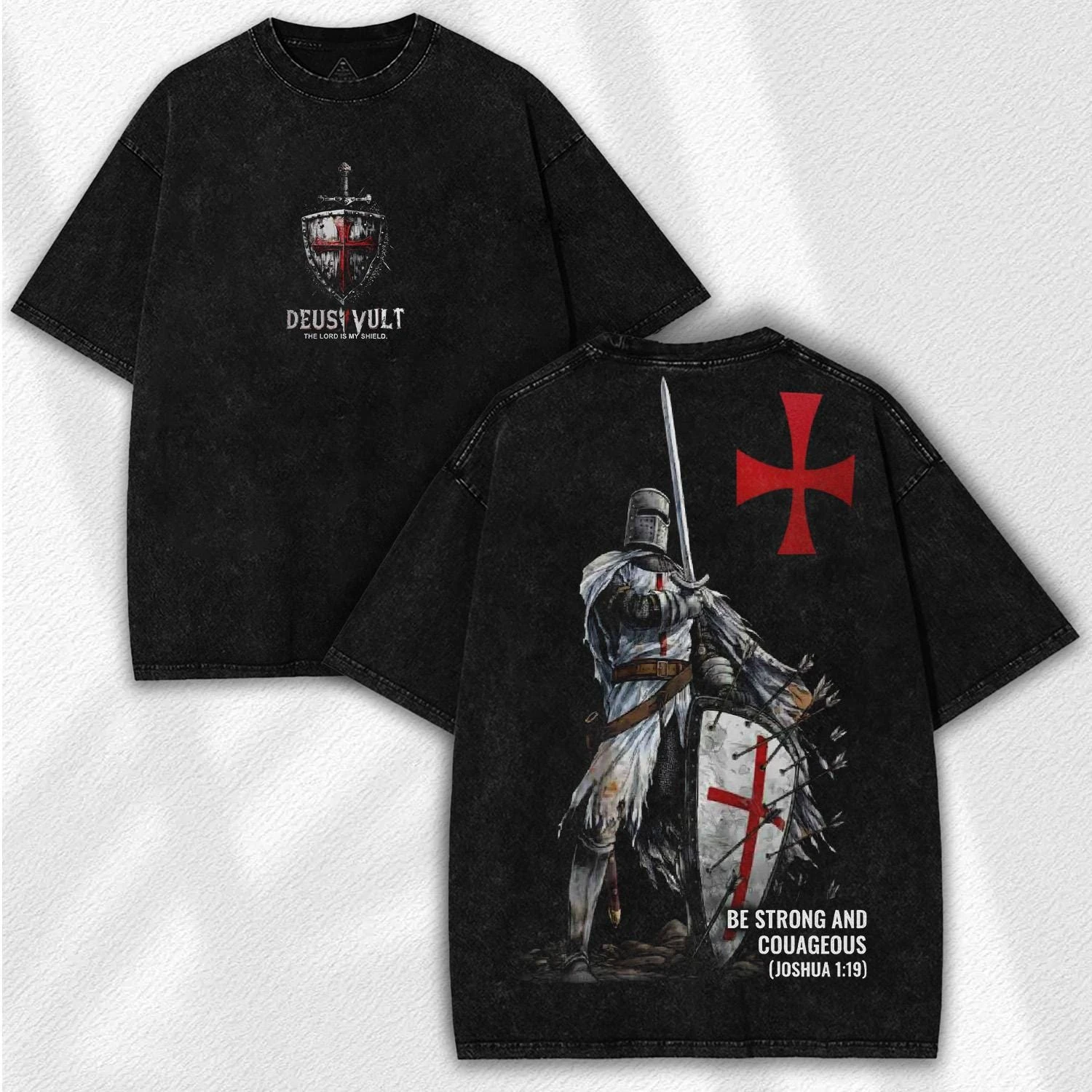 Deus Vult Printed Washed T-shirt Unisex Fit Crusader Knight Oversized Men Women Streetwear Vintage Graphic Tee Shirt Clothing