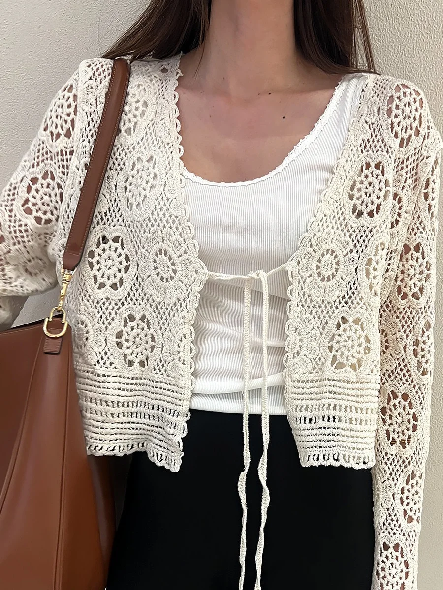 

Summer New Sle Women's Knitted Open Cardigan oulder awl Belted Hollow out Hook Flower Design Outerwear Faion Top
