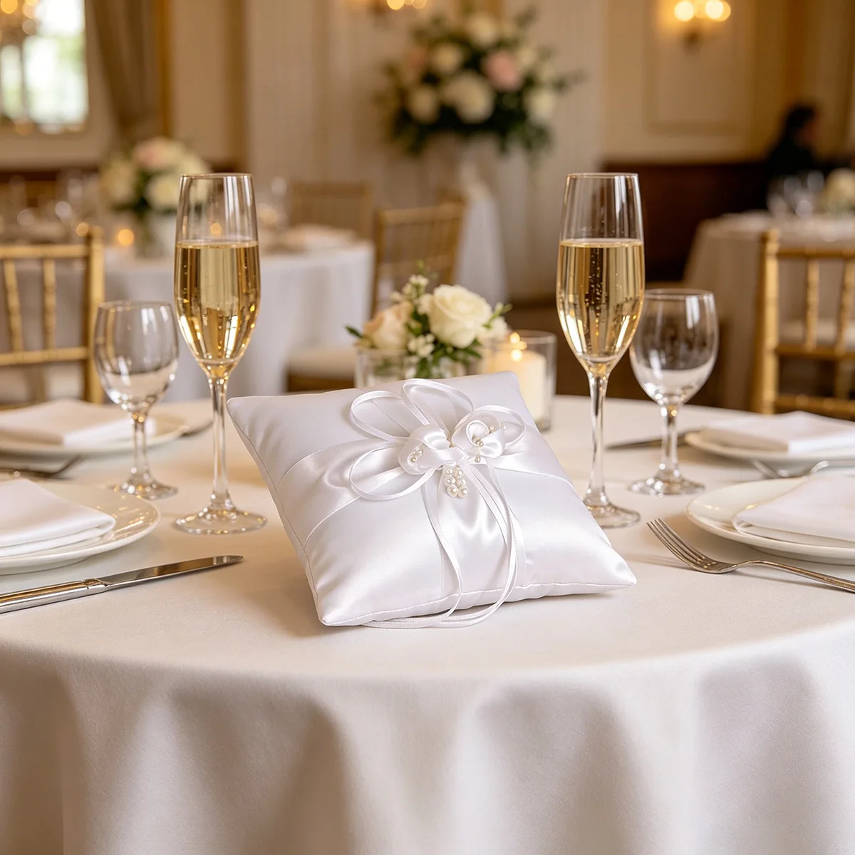 1Pcs Square White Satin Wedding Ring Bearer Cushion With Pearl Bow Flower Girl Ring Holder Wedding Party Ceremony Decor