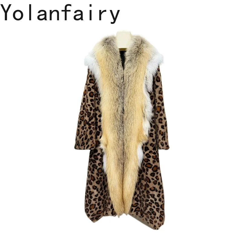 

YOLANFAIRY Natural Whole Mink Fur Jacket Woman Winter Fashion Leopard Real Fur Coat Women Fox Fur Collar Long Outerwears Casaco