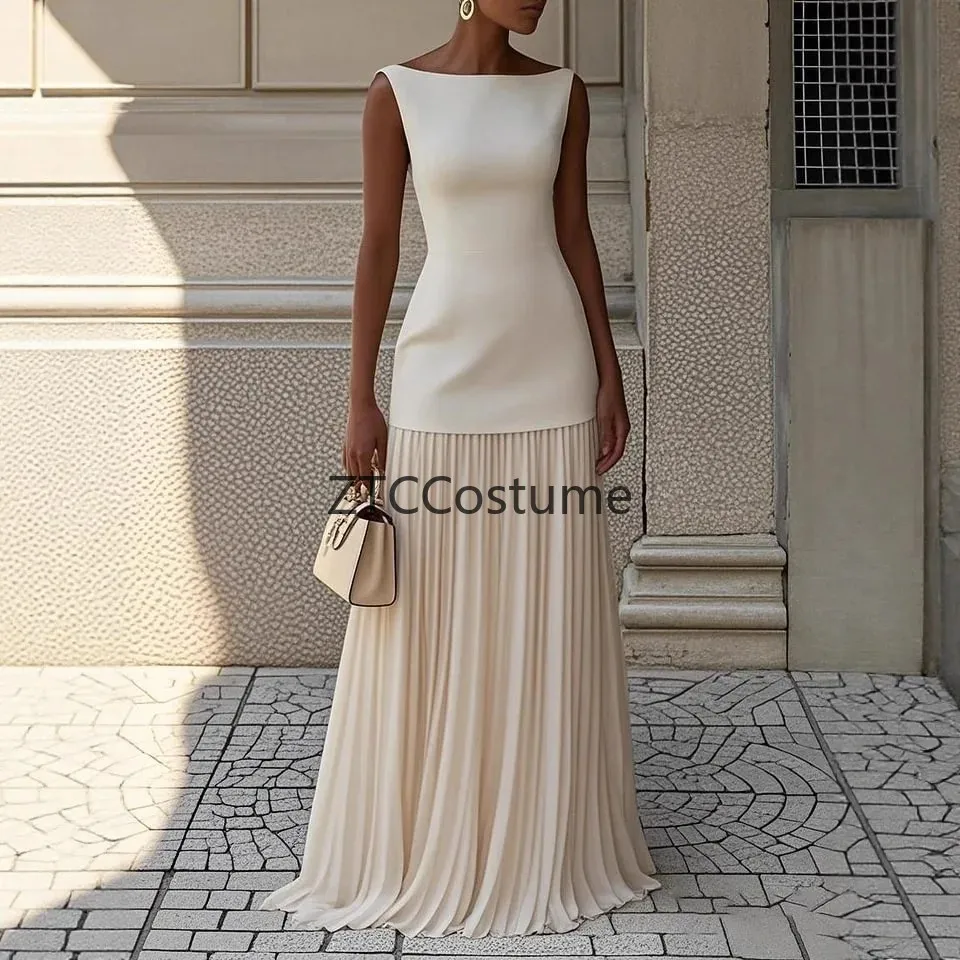 Vestido de punto hueco sexy para mujer, elegante, largo, sin mangas, con cuello asimétrico, plisado, estilo bohemio, ajustado, conjunto femenino.