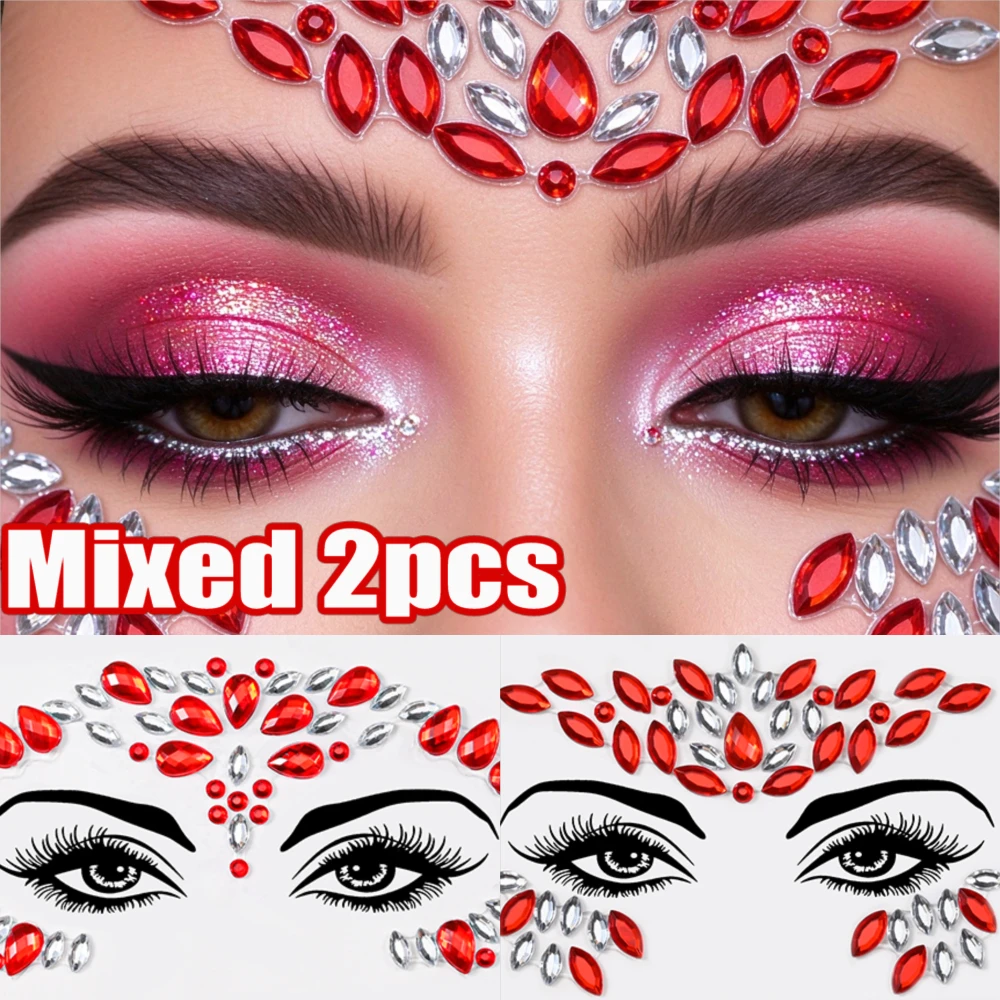 2Pcs/Kit Christmas Red Diamond Face Stickers Mixed Red Crystal Eye Face Jewel Rhinestone Slider Festival Face Sparkly Gem Slider
