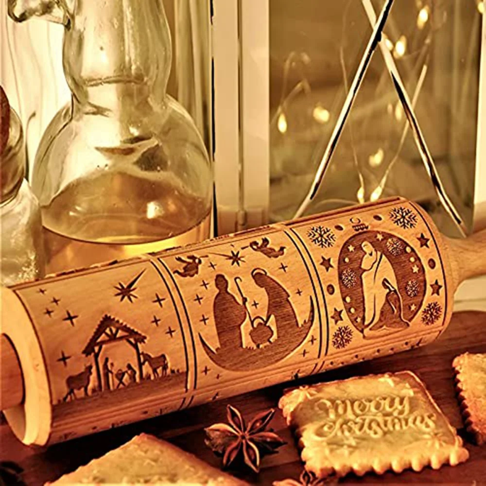 Nouveau rouleau à pâtisserie en bois A10R à motifs de Noël avec 9 scènes différentes pour la cuisson de biscuits embossés