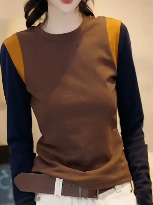 

Faionable Long Sve T-irt Color Blo Slimming Base Layer irt for plus Size Women Casual Sle Cotton Polyester Blend