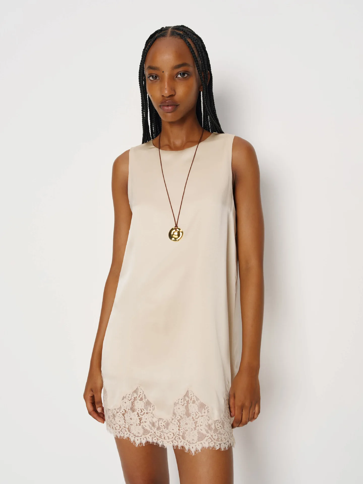 2026 French Designer  Splice Satin Hollow Out Lace Elegant Ruffle Hem Sleeveless Vest Dress Casual All Match Party Midi Dress